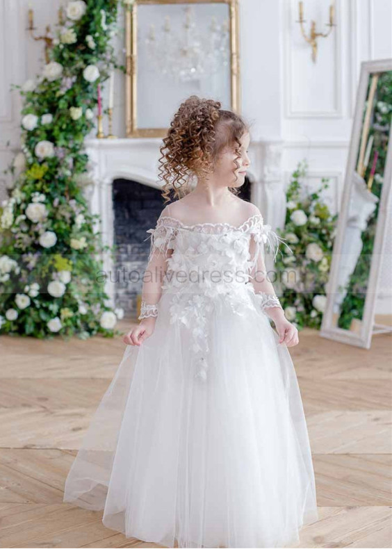 Ivory 3D Flowers Keyhole Back Beaded Flower Girl Dress